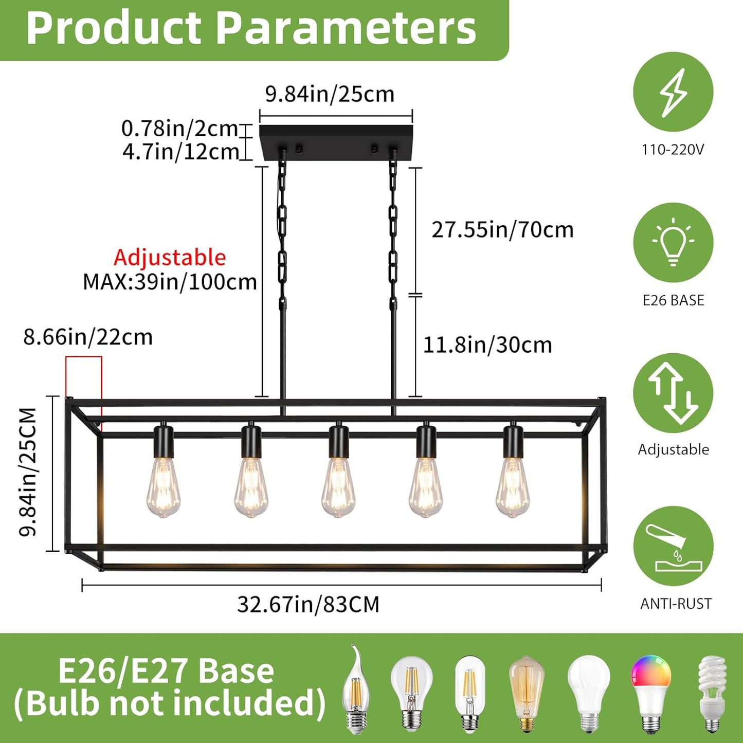 5-Light Rustic Farmhouse Chandelier, Rectangular Metal Kitchen Island Pendant Lighting Fixtures, Black Industrial