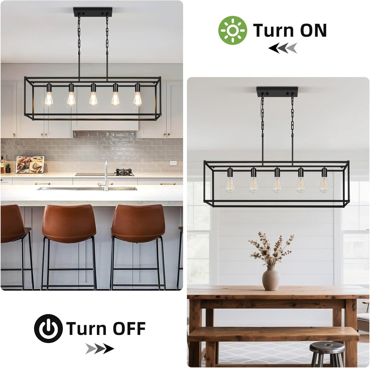 5-Light Rustic Farmhouse Chandelier, Rectangular Metal Kitchen Island Pendant Lighting Fixtures, Black Industrial