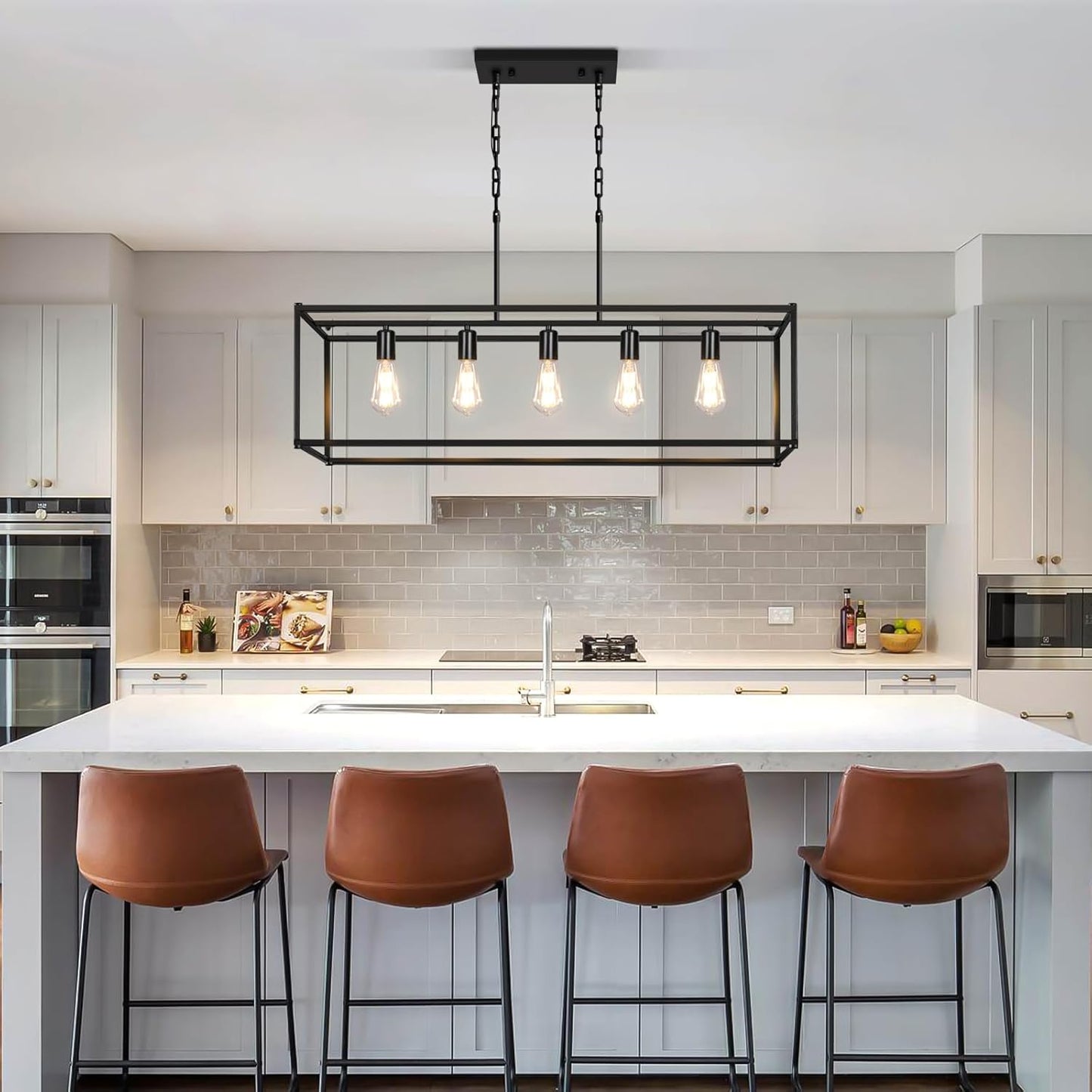 5-Light Rustic Farmhouse Chandelier, Rectangular Metal Kitchen Island Pendant Lighting Fixtures, Black Industrial