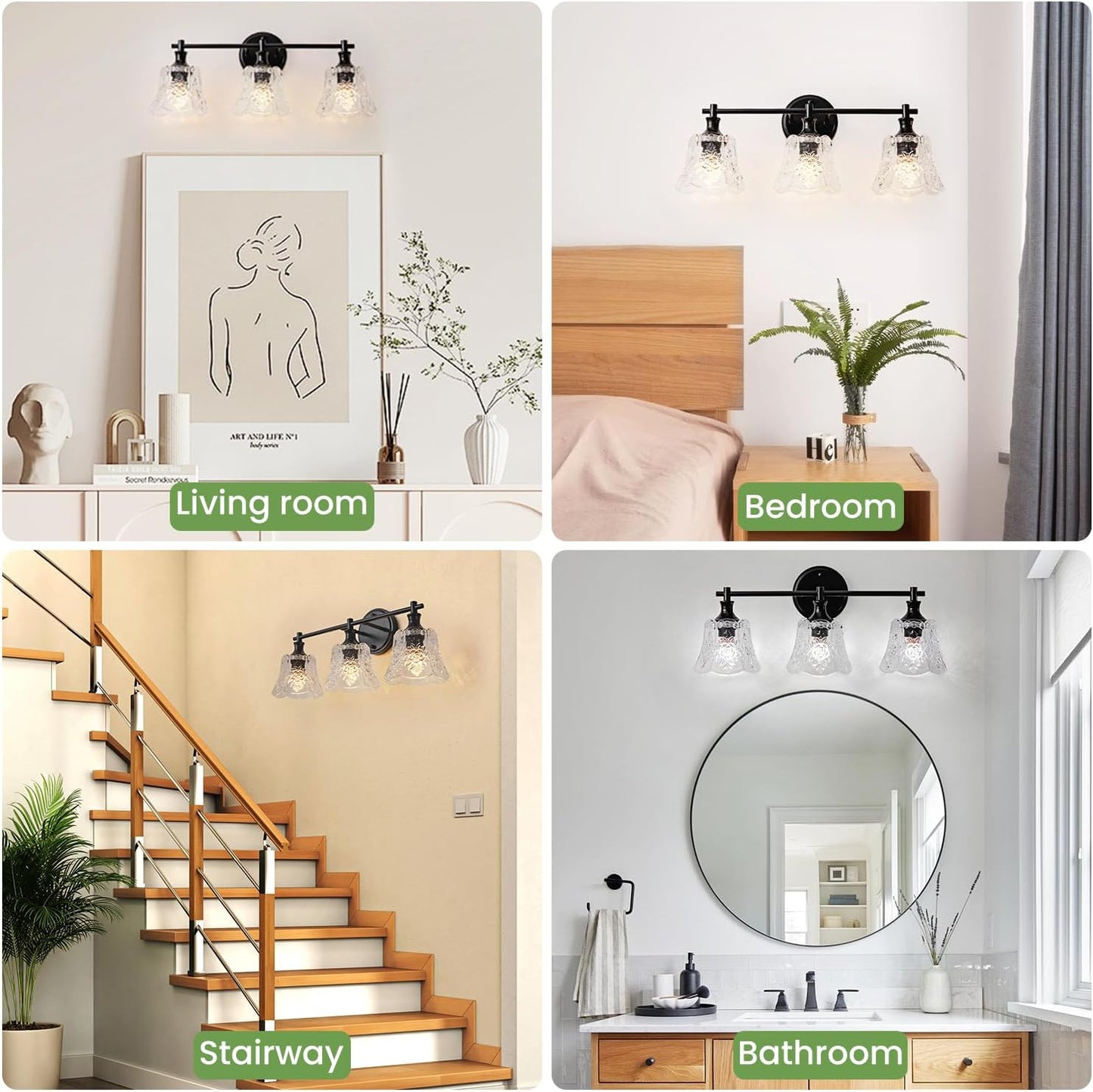 Bathroom Light Fixture, 3-Light Vanity Lights Over Mirror with Personalized Glass Shade, Wall Decor Lamp