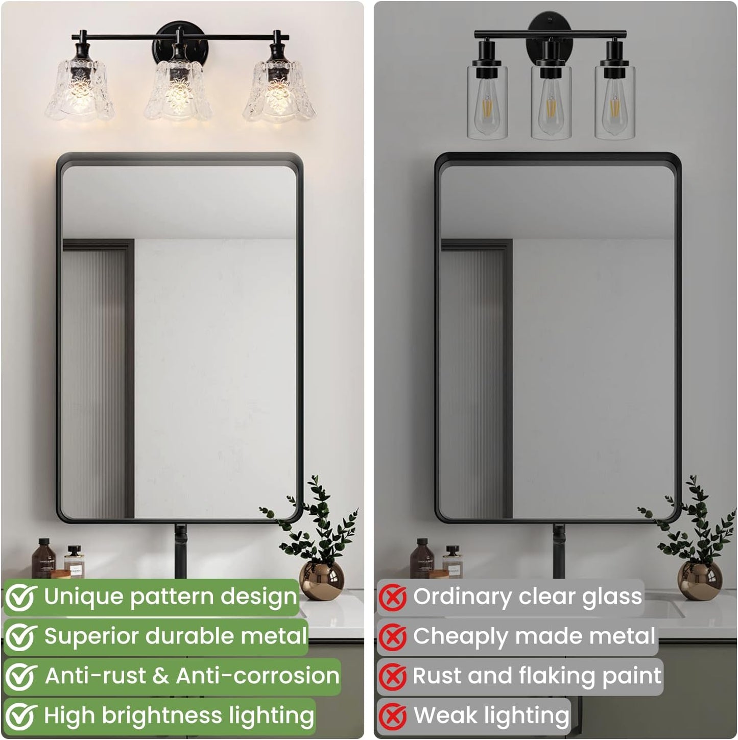 Bathroom Light Fixture, 3-Light Vanity Lights Over Mirror with Personalized Glass Shade, Wall Decor Lamp