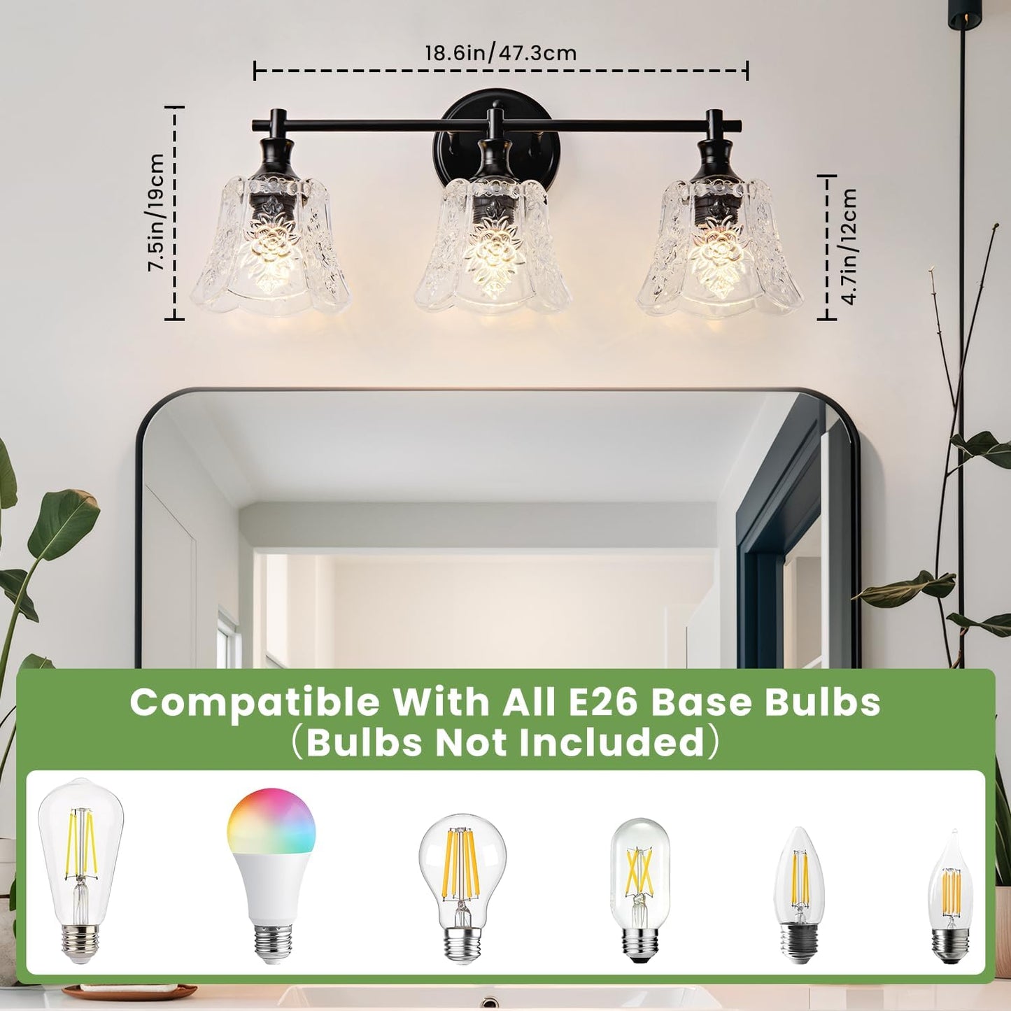 Bathroom Light Fixture, 3-Light Vanity Lights Over Mirror with Personalized Glass Shade, Wall Decor Lamp