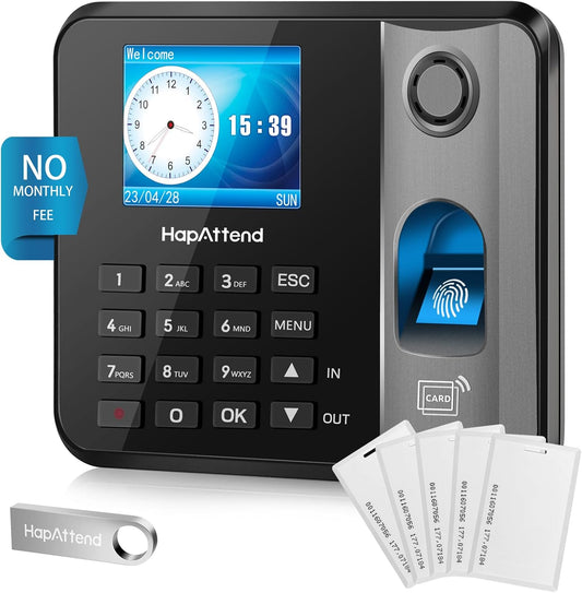 HapAttend Time Clock - Fingerprint Time Clocks for Employees Small Business Automatic Calculate Hours