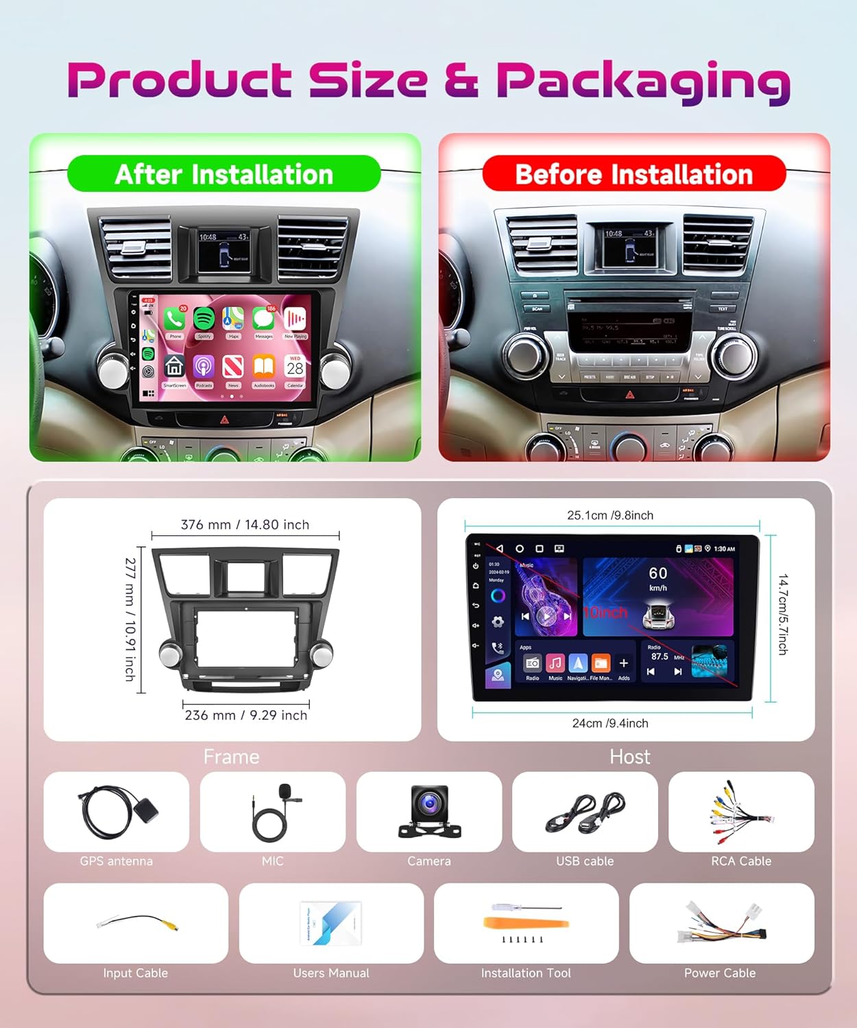 Car Radio for Toyota Highlander 2008-2013 with Wireless CarPlay Android Auto, 4G+64G 10.1 Inch Touchscreen