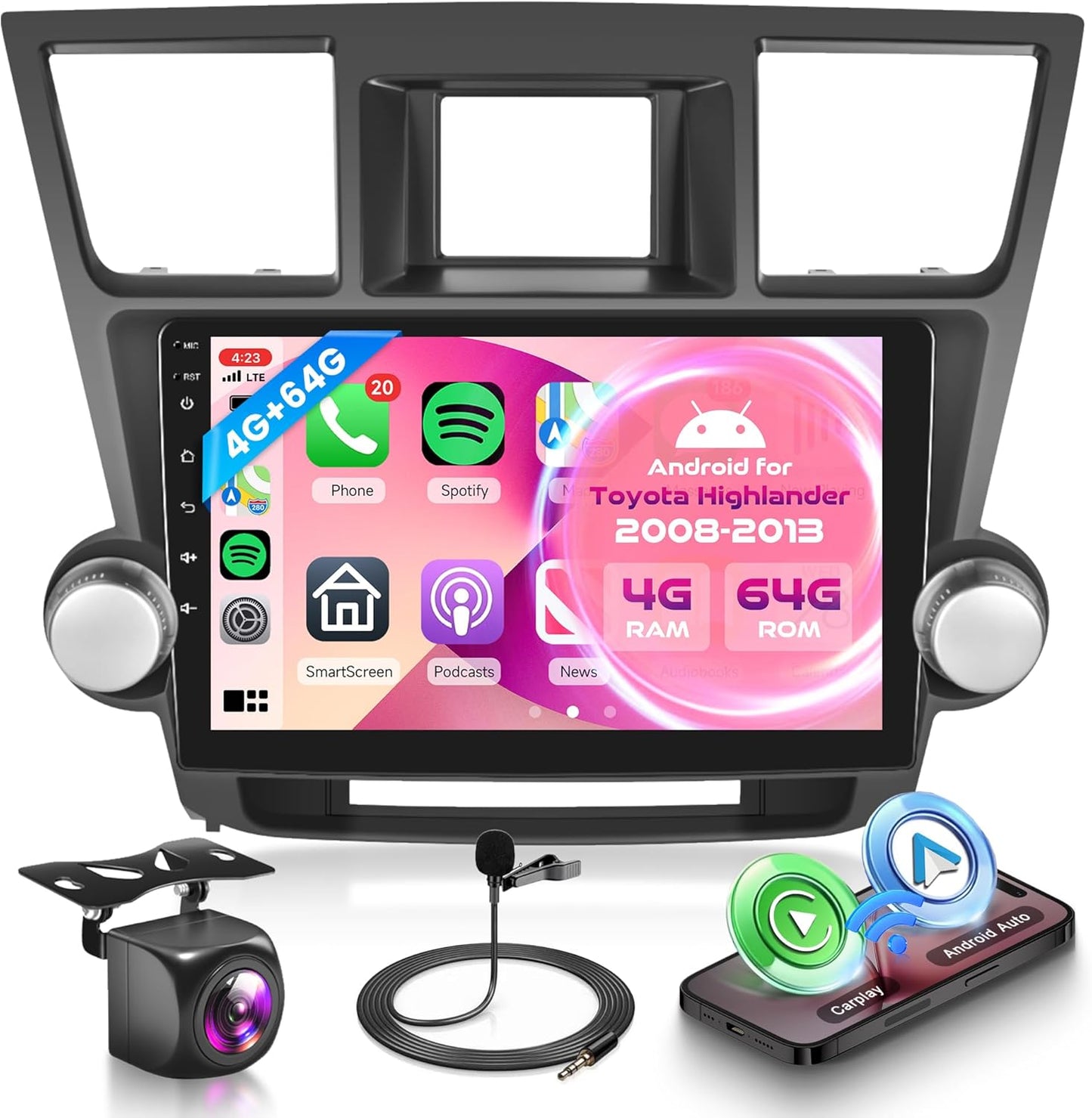 Car Radio for Toyota Highlander 2008-2013 with Wireless CarPlay Android Auto, 4G+64G 10.1 Inch Touchscreen
