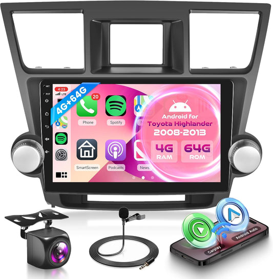 Car Radio for Toyota Highlander 2008-2013 with Wireless CarPlay Android Auto, 4G+64G 10.1 Inch Touchscreen