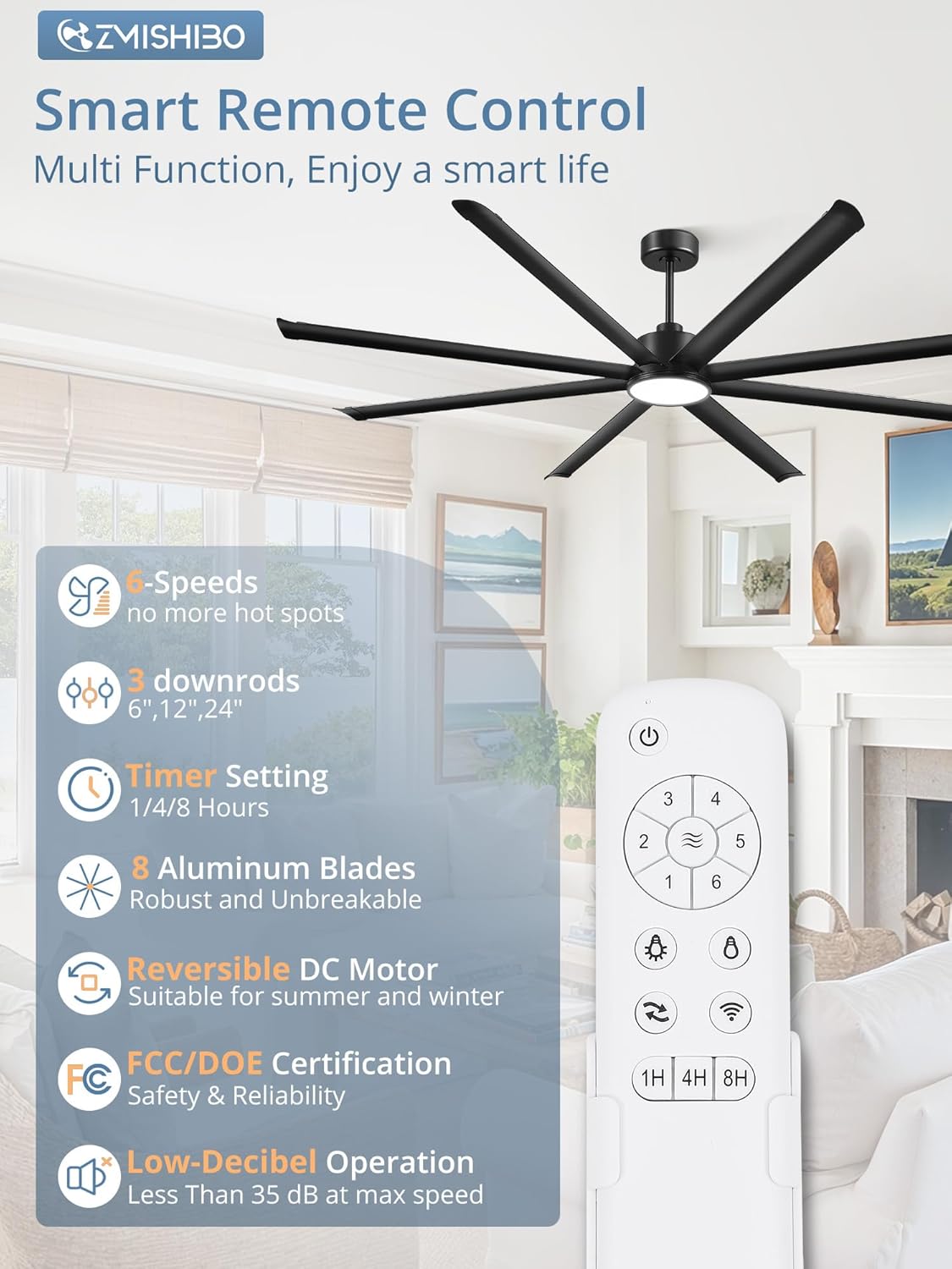 96' Large Industrial Ceiling Fans with lights, Aluminum 8 Blades, Noiseless DC Motor, 6 Speeds, Indoor/Outdoor