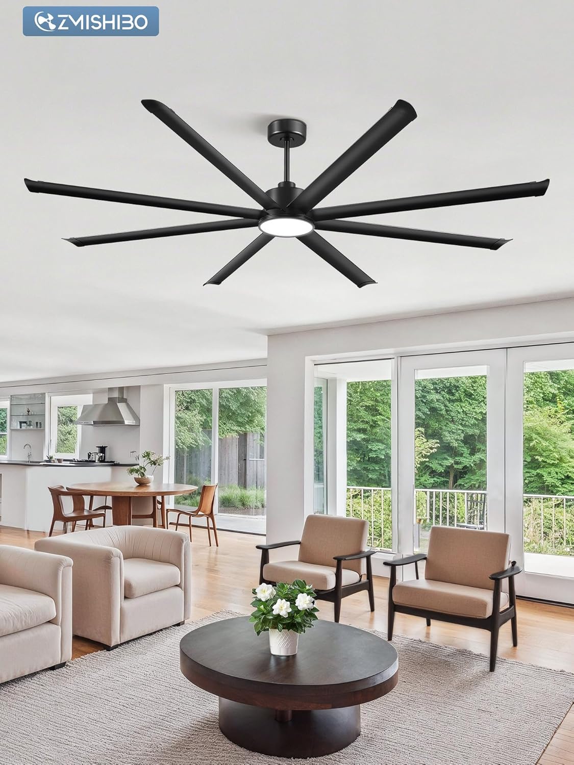 96' Large Industrial Ceiling Fans with lights, Aluminum 8 Blades, Noiseless DC Motor, 6 Speeds, Indoor/Outdoor