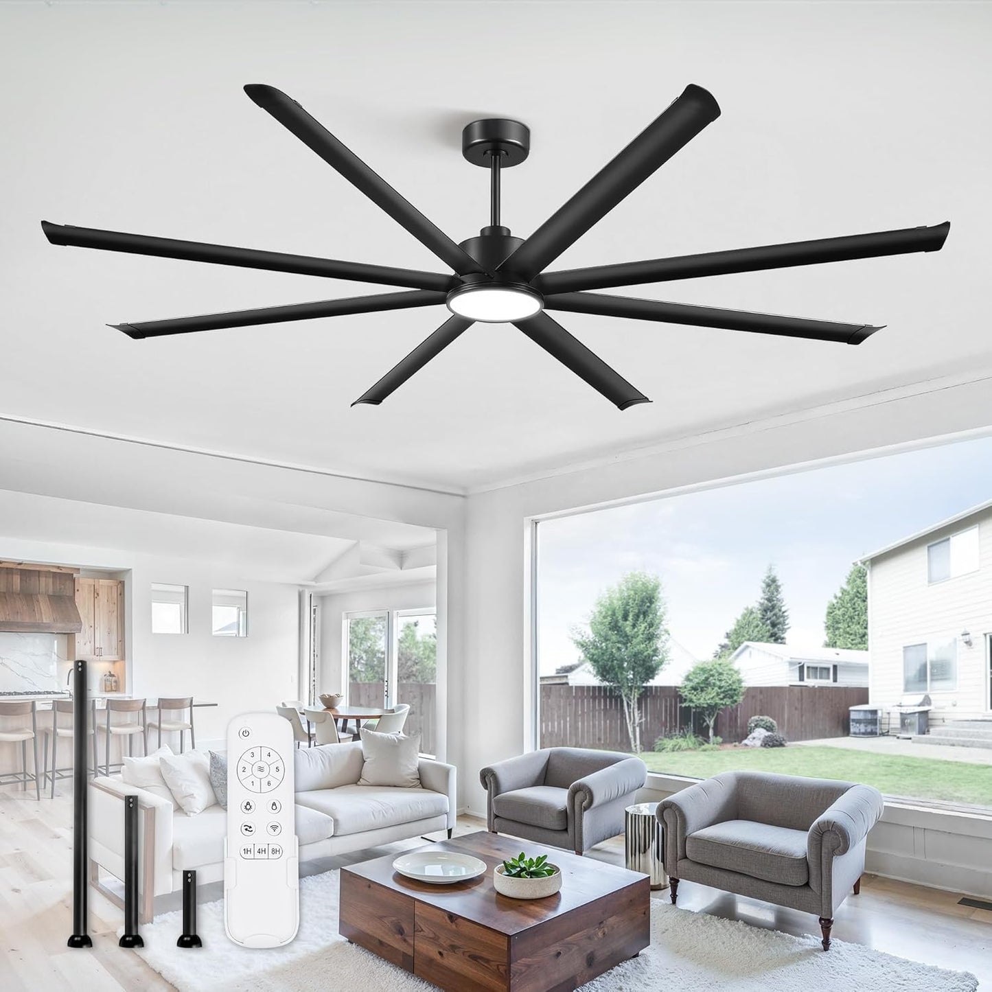 96' Large Industrial Ceiling Fans with lights, Aluminum 8 Blades, Noiseless DC Motor, 6 Speeds, Indoor/Outdoor