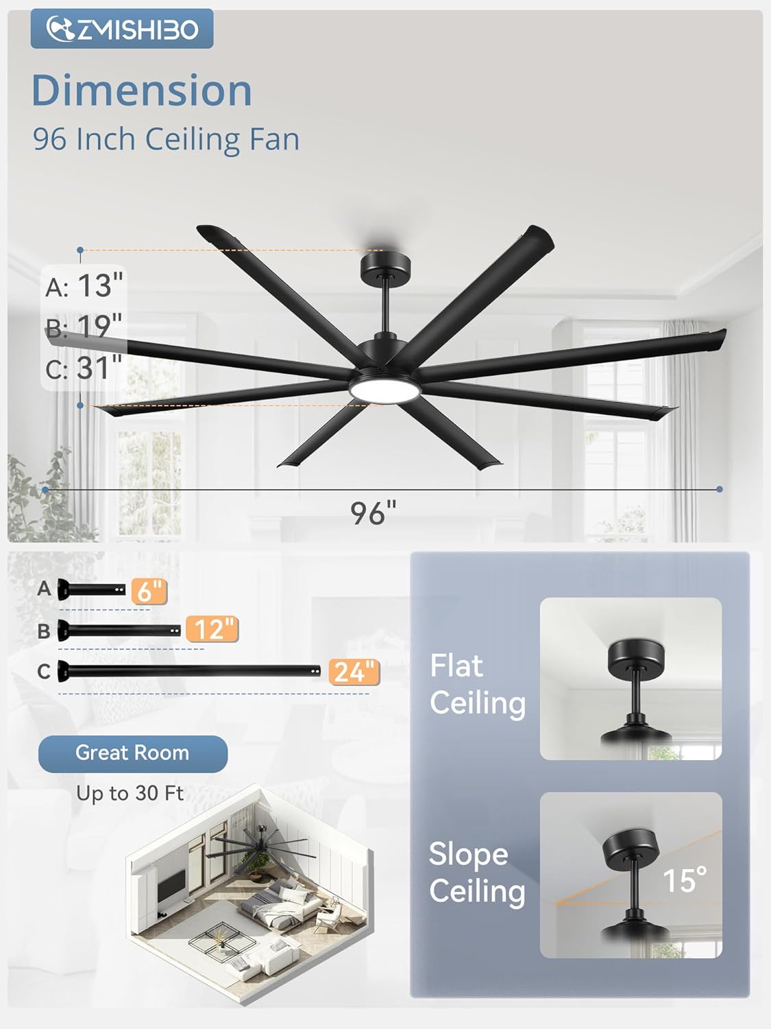 96' Large Industrial Ceiling Fans with lights, Aluminum 8 Blades, Noiseless DC Motor, 6 Speeds, Indoor/Outdoor