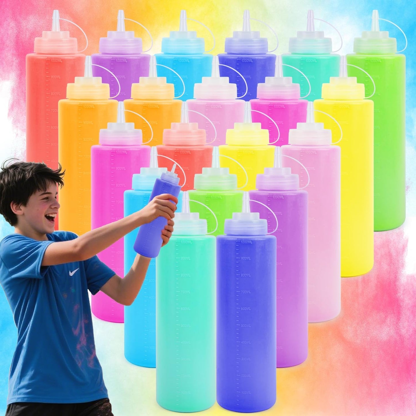 Color Run Powder Squeeze Bottles, 30lbs Bulk 10 Colors 20 Pack Large 34oz, Refillable, Prefilled, Non-Toxic