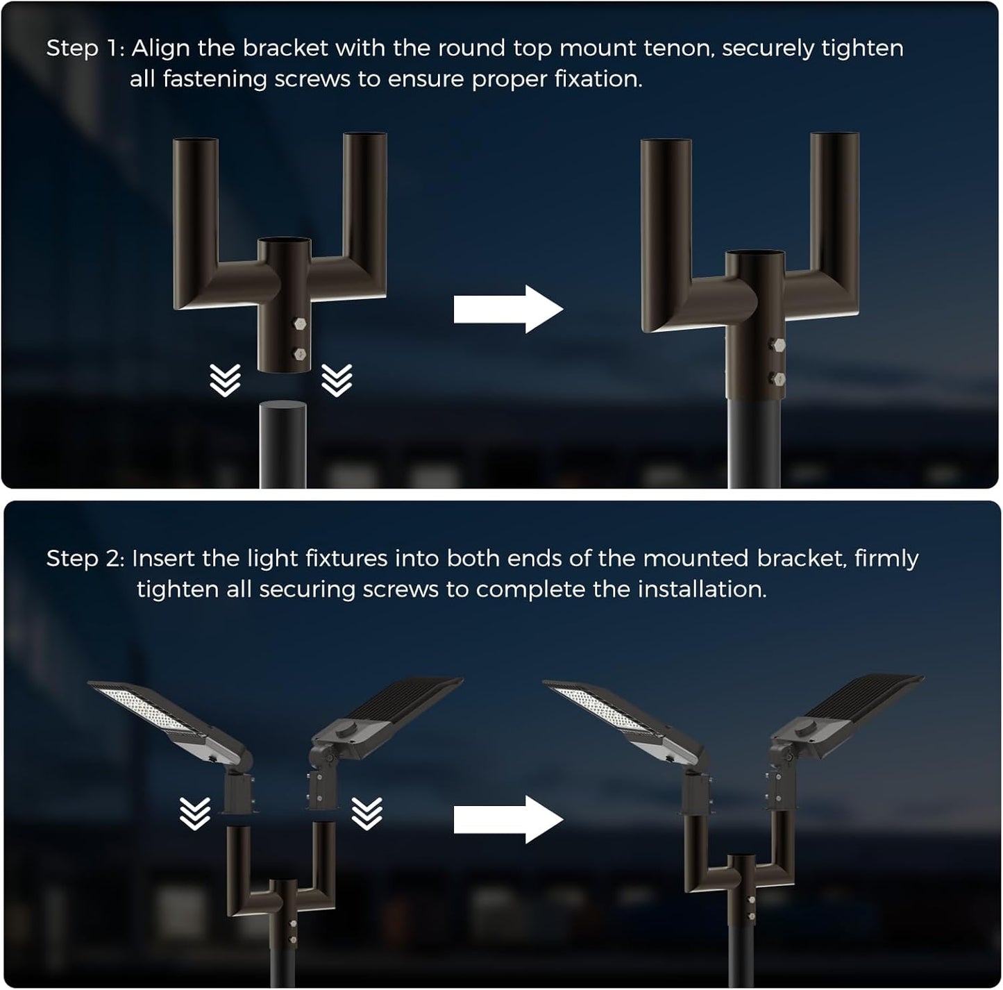 Double Bullhorn Bracket for 2 LED Parking Lot Lights Durable 180-Degree Round Pole Mounting Bracket for Street Lights Commercial Area Lighting