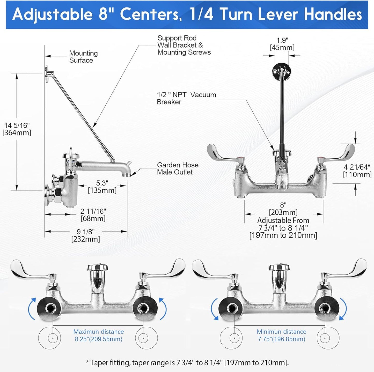 Commercial Mop Sink Faucet, Wall Mount Service Sink Faucet, 8 Inch Adjustable Center, Pail Hook