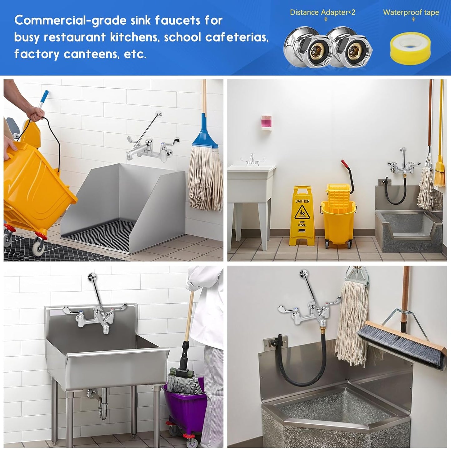 Commercial Mop Sink Faucet, Wall Mount Service Sink Faucet, 8 Inch Adjustable Center, Pail Hook