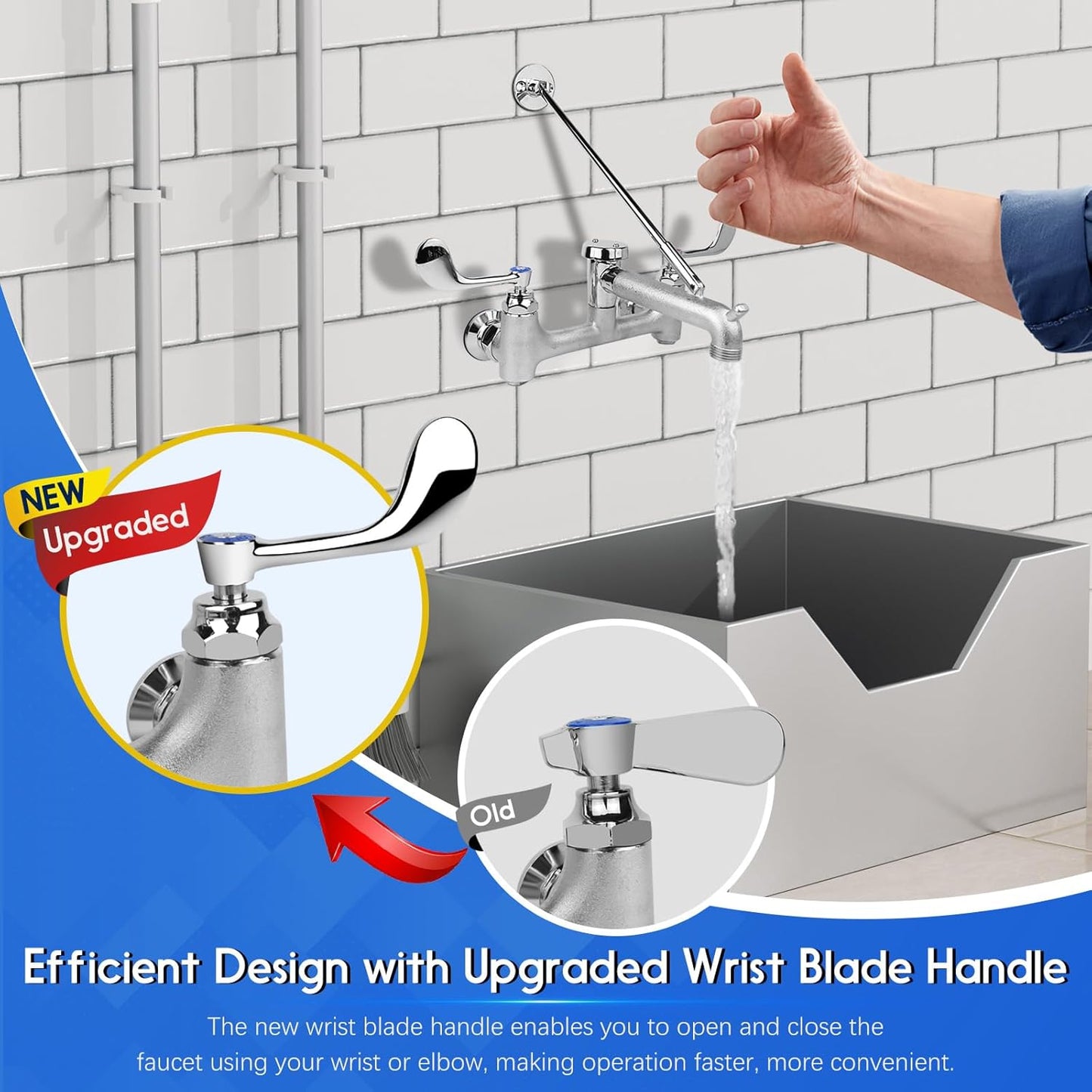 Commercial Mop Sink Faucet, Wall Mount Service Sink Faucet, 8 Inch Adjustable Center, Pail Hook