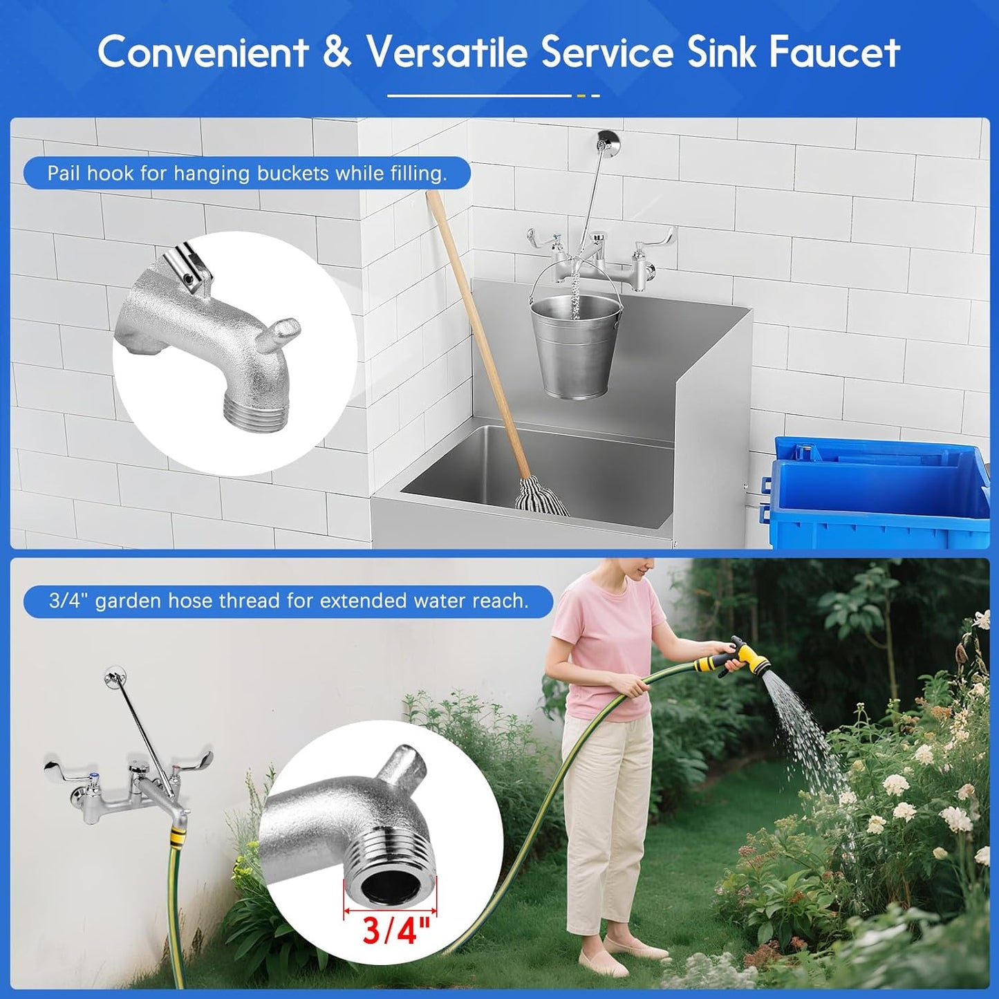 Commercial Mop Sink Faucet, Wall Mount Service Sink Faucet, 8 Inch Adjustable Center, Pail Hook
