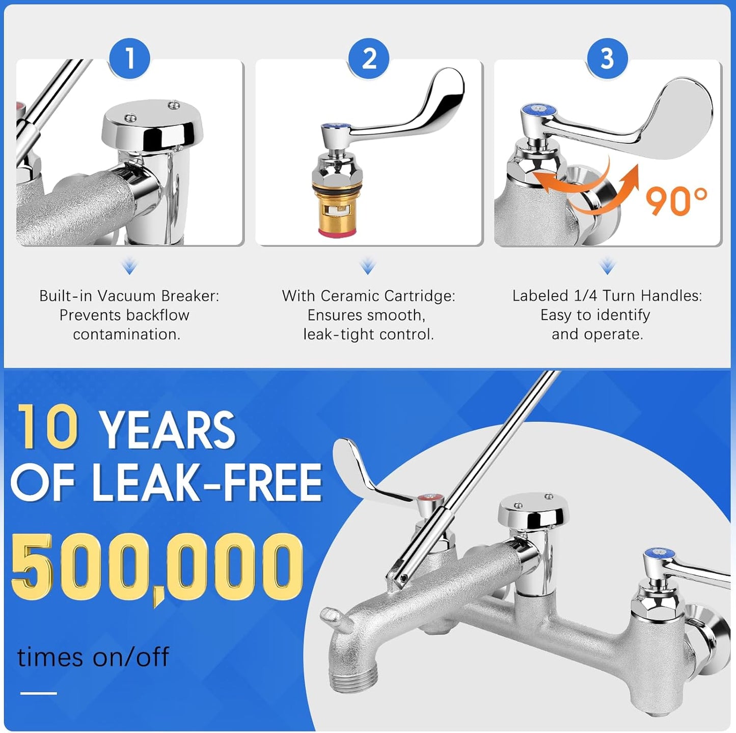 Commercial Mop Sink Faucet, Wall Mount Service Sink Faucet, 8 Inch Adjustable Center, Pail Hook
