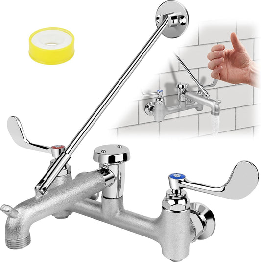 Commercial Mop Sink Faucet, Wall Mount Service Sink Faucet, 8 Inch Adjustable Center, Pail Hook