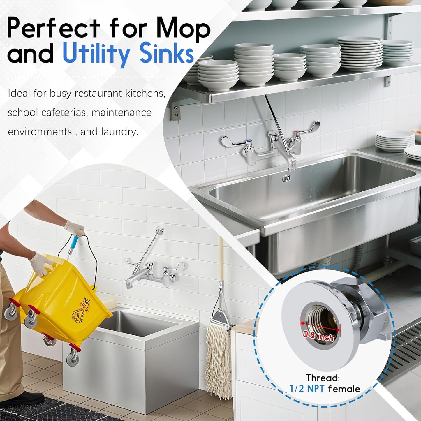 Commercial Mop Sink Faucet, Wall Mount Service Sink Faucet, 8 Inch Adjustable Center, Pail Hook