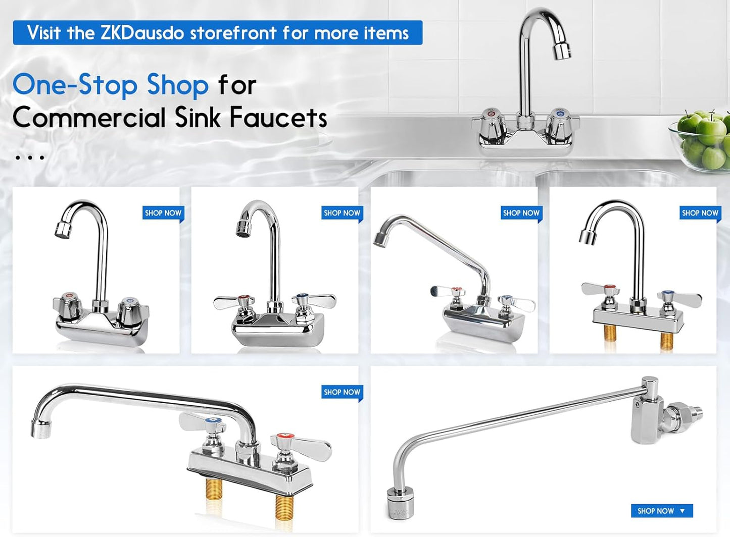 Commercial Mop Sink Faucet, Wall Mount Service Sink Faucet, 8 Inch Adjustable Center, Pail Hook