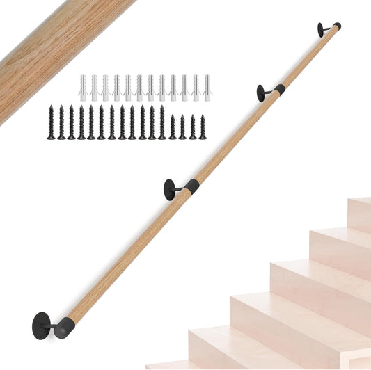 8FT Round Wooden Stair Handrail, Indoor Staircase Handrail, Wall Mount Support Stair Railings