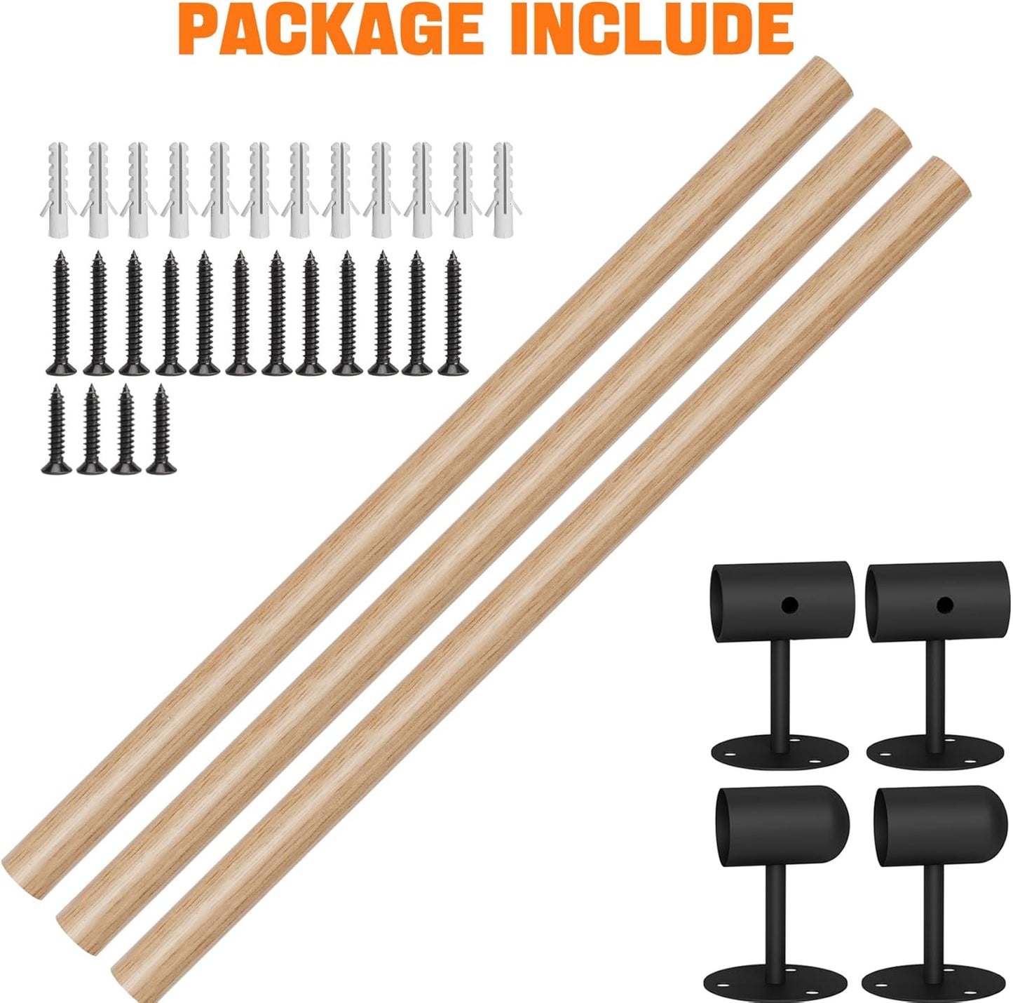 8FT Round Wooden Stair Handrail, Indoor Staircase Handrail, Wall Mount Support Stair Railings