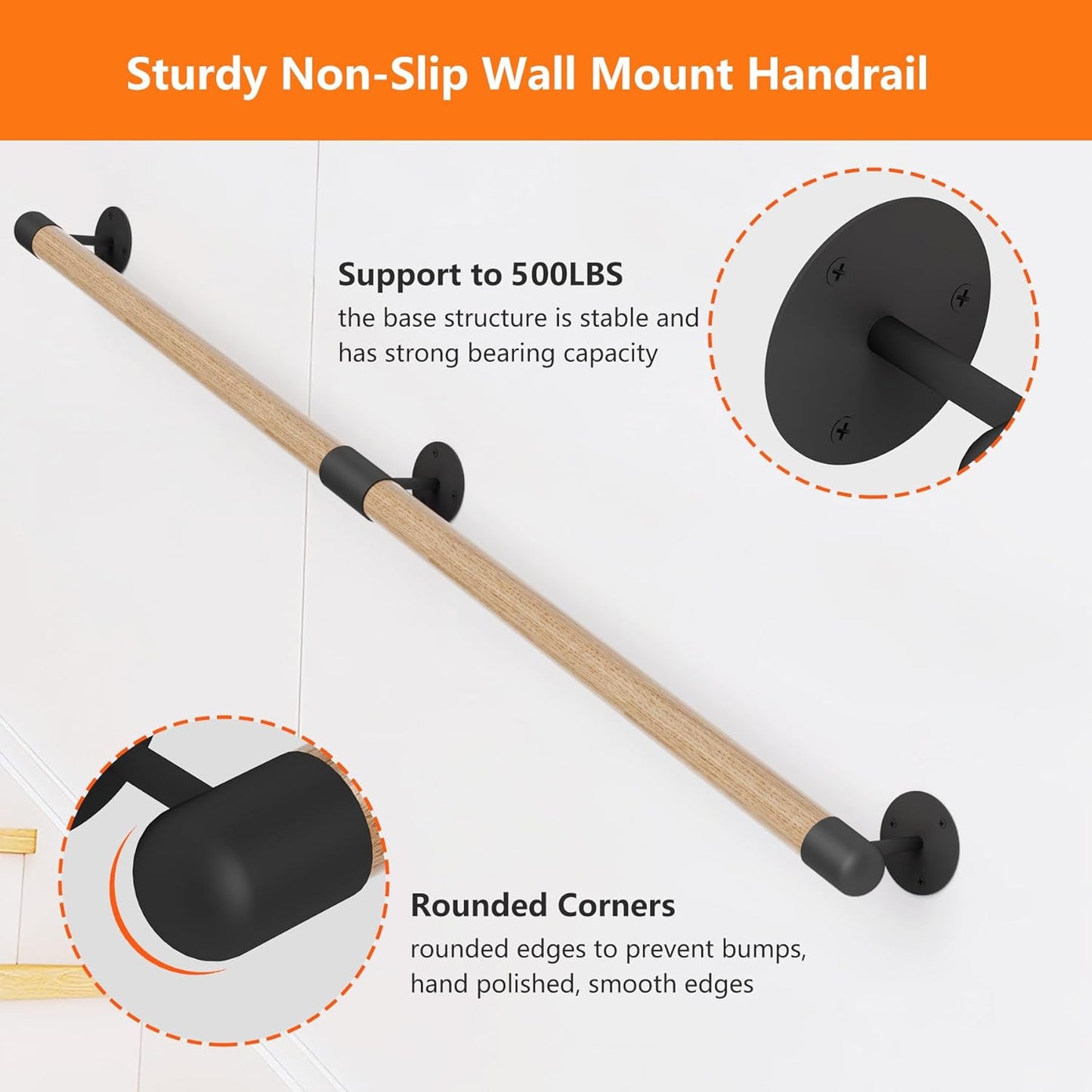 2FT Round Wooden Stair Handrail, Indoor Staircase Handrail, Wall Mount Support Stair Railings, Non-Slip