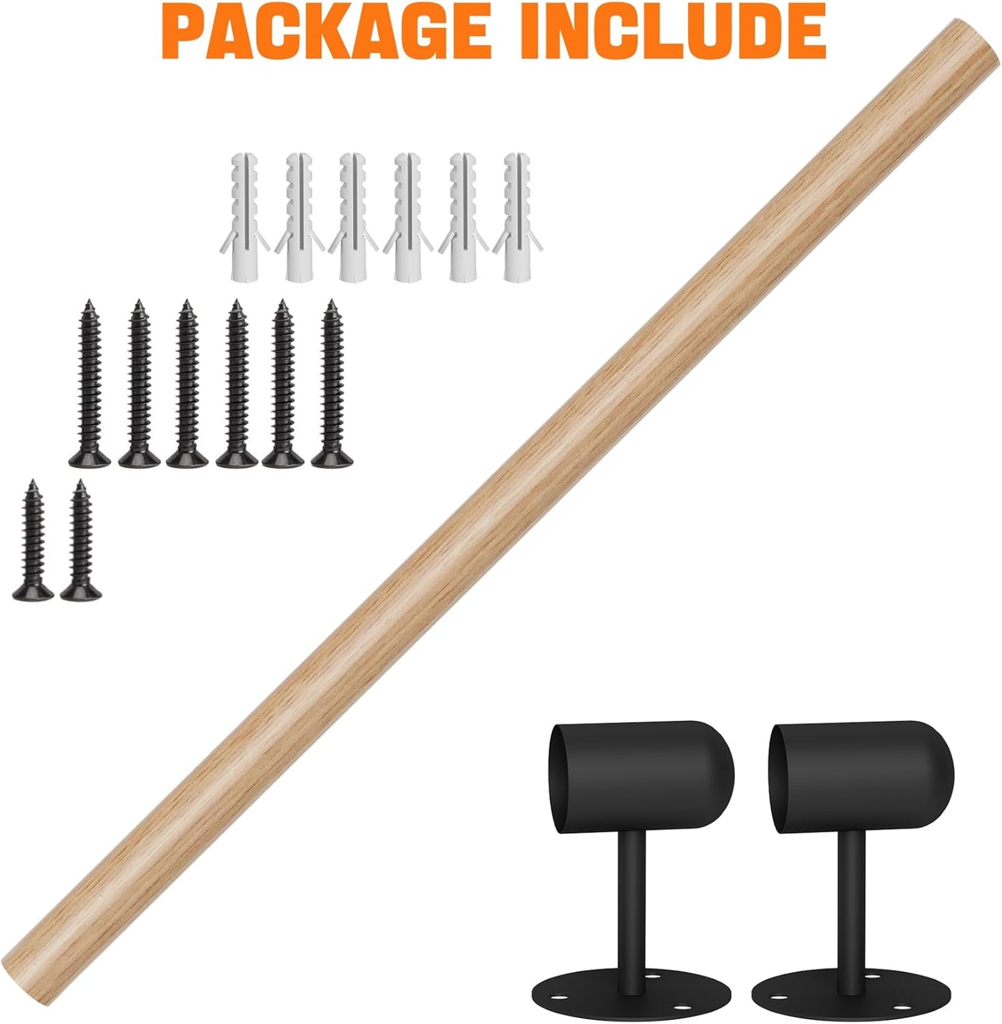 2FT Round Wooden Stair Handrail, Indoor Staircase Handrail, Wall Mount Support Stair Railings, Non-Slip