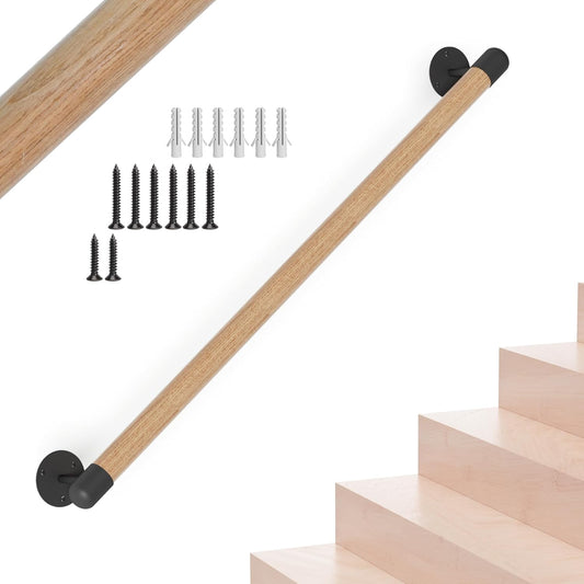2FT Round Wooden Stair Handrail, Indoor Staircase Handrail, Wall Mount Support Stair Railings, Non-Slip