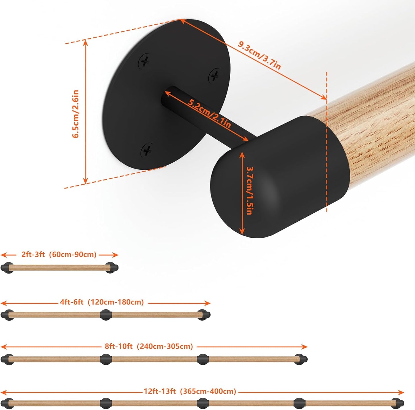 2FT Round Wooden Stair Handrail, Indoor Staircase Handrail, Wall Mount Support Stair Railings, Non-Slip