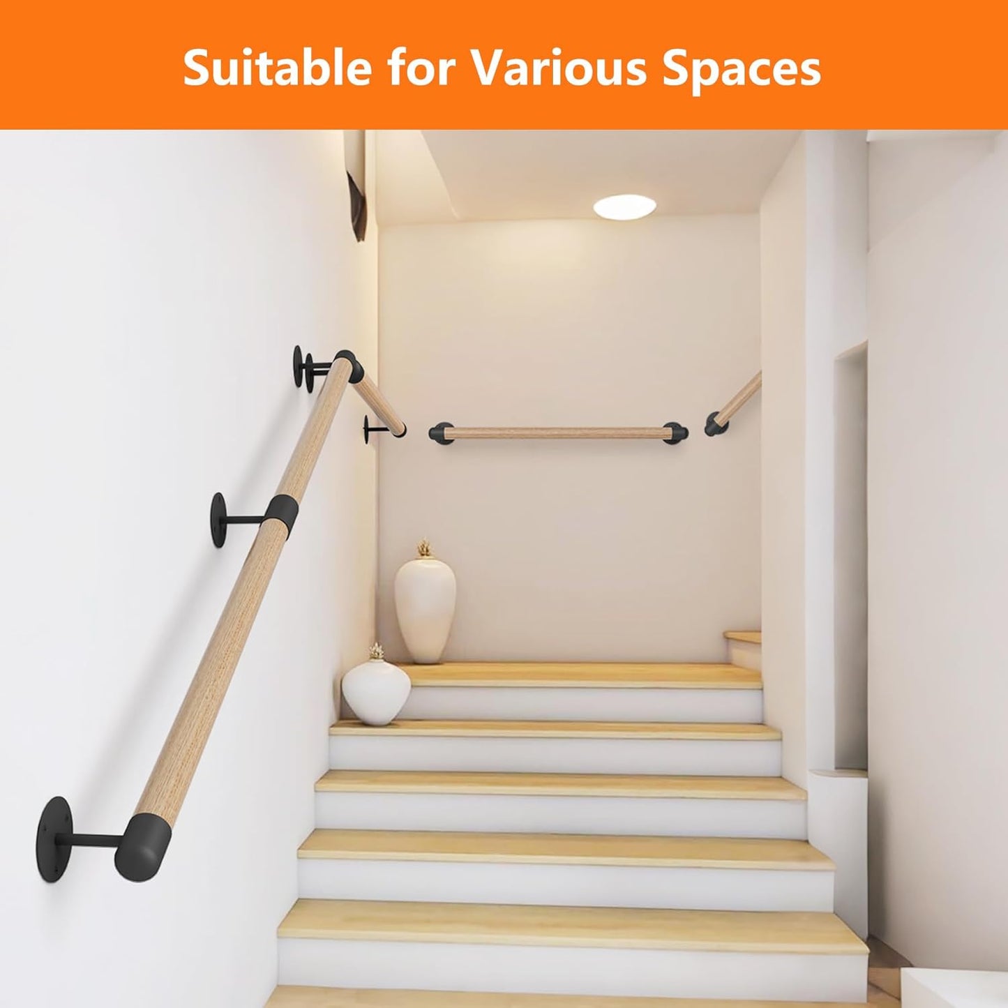 2FT Round Wooden Stair Handrail, Indoor Staircase Handrail, Wall Mount Support Stair Railings, Non-Slip