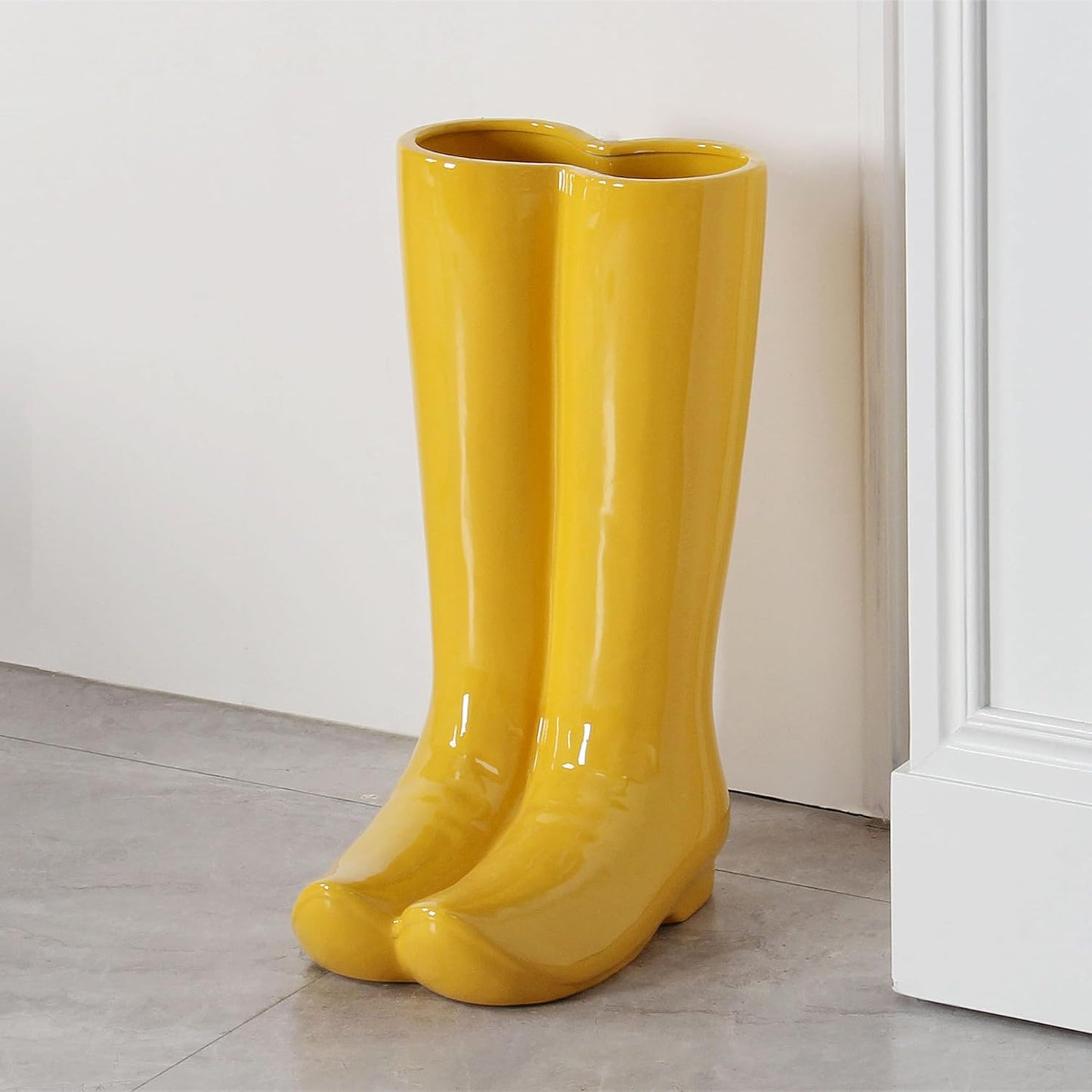 Ceramic Boot Umbrella Stand, Boots Vase, Freestanding Umbrella Bucket, Yellow