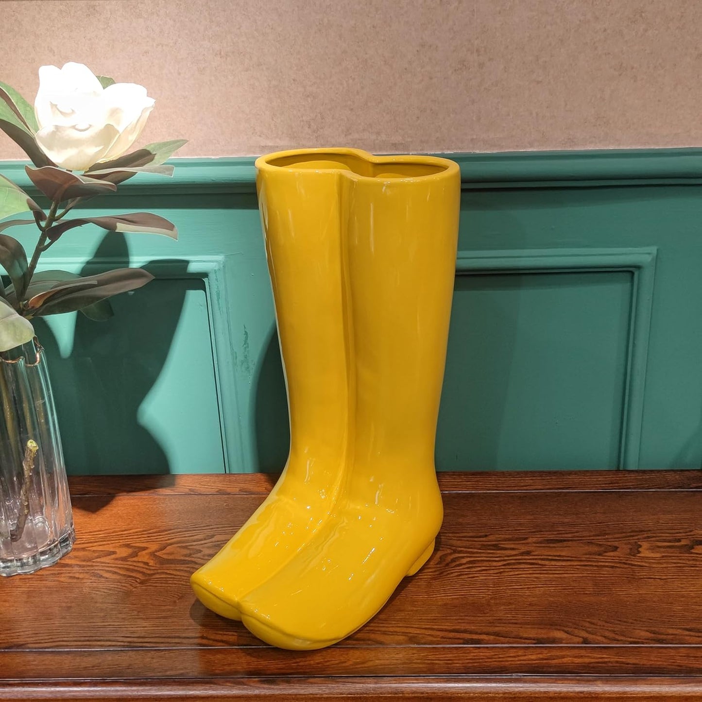 Ceramic Boot Umbrella Stand, Boots Vase, Freestanding Umbrella Bucket, Yellow