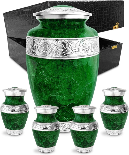 Green Marble Adult Cremation Urn Set with 4 Keepsakes, Decorative Funeral Urn for Men and Women