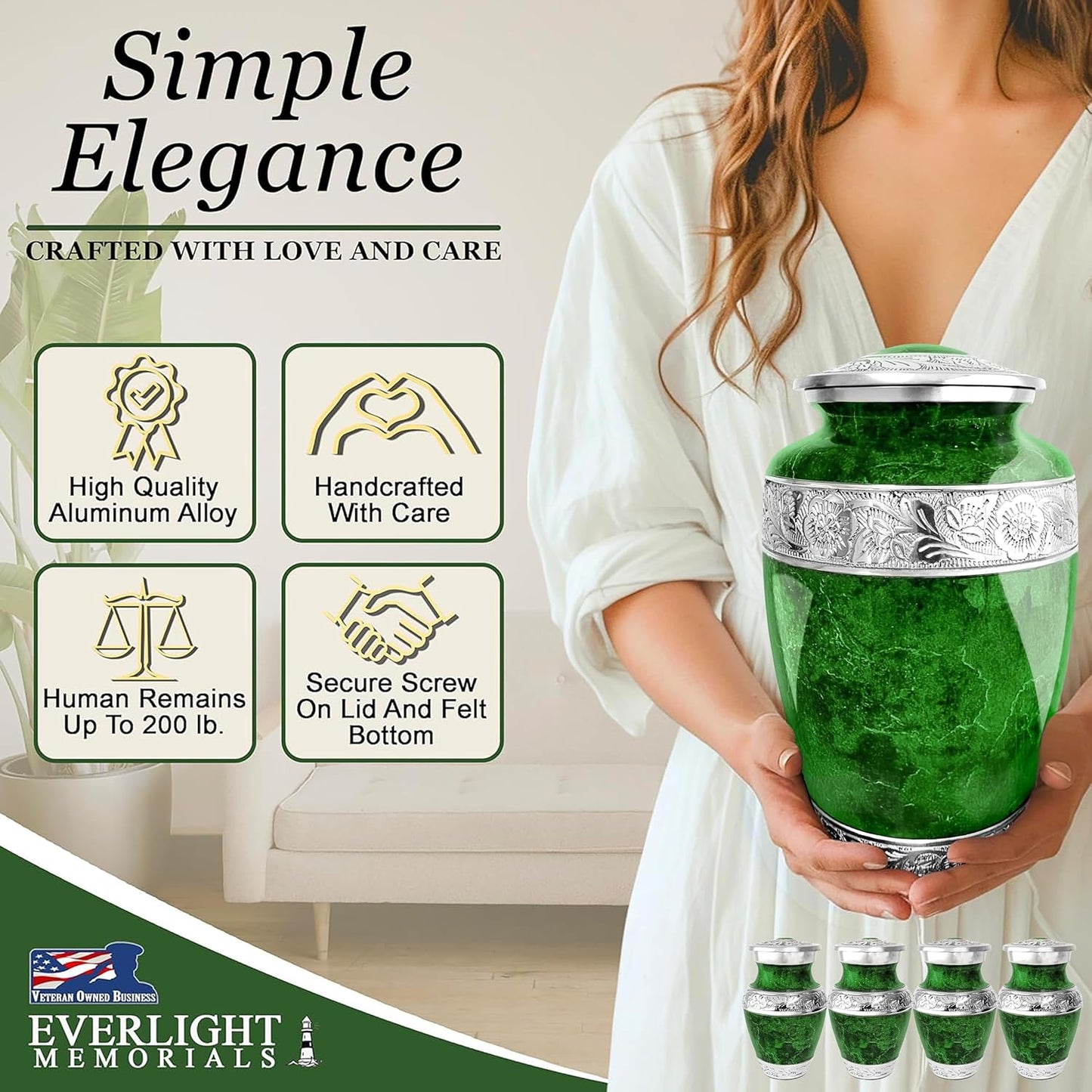 Green Marble Adult Cremation Urn Set with 4 Keepsakes, Decorative Funeral Urn for Men and Women