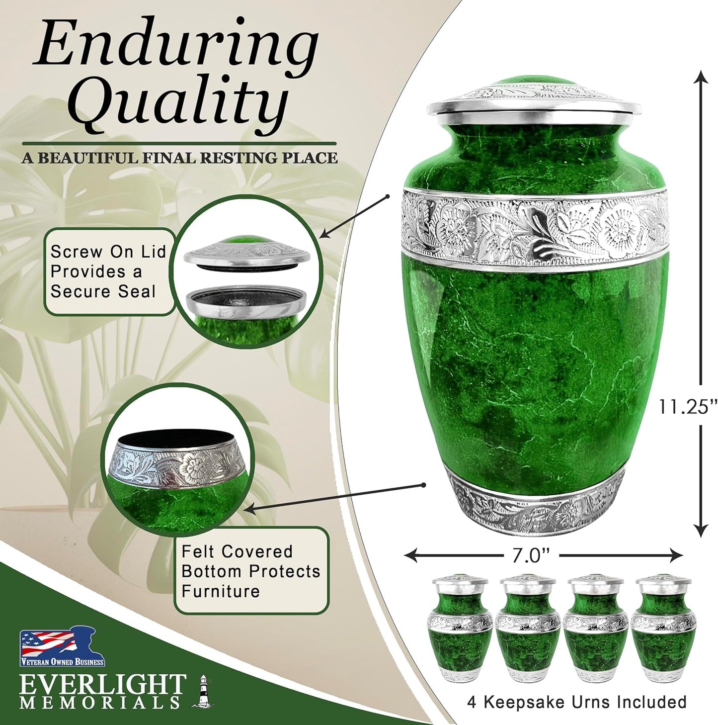 Green Marble Adult Cremation Urn Set with 4 Keepsakes, Decorative Funeral Urn for Men and Women