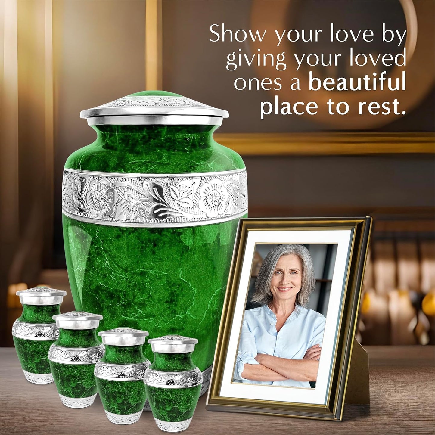 Green Marble Adult Cremation Urn Set with 4 Keepsakes, Decorative Funeral Urn for Men and Women