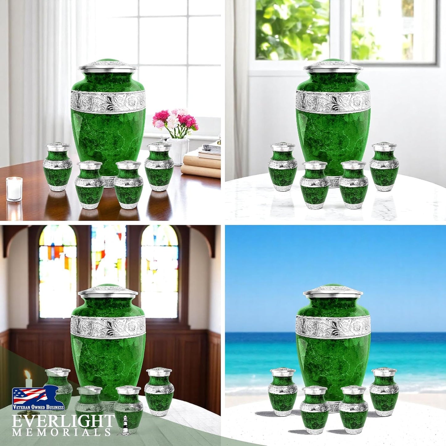 Green Marble Adult Cremation Urn Set with 4 Keepsakes, Decorative Funeral Urn for Men and Women