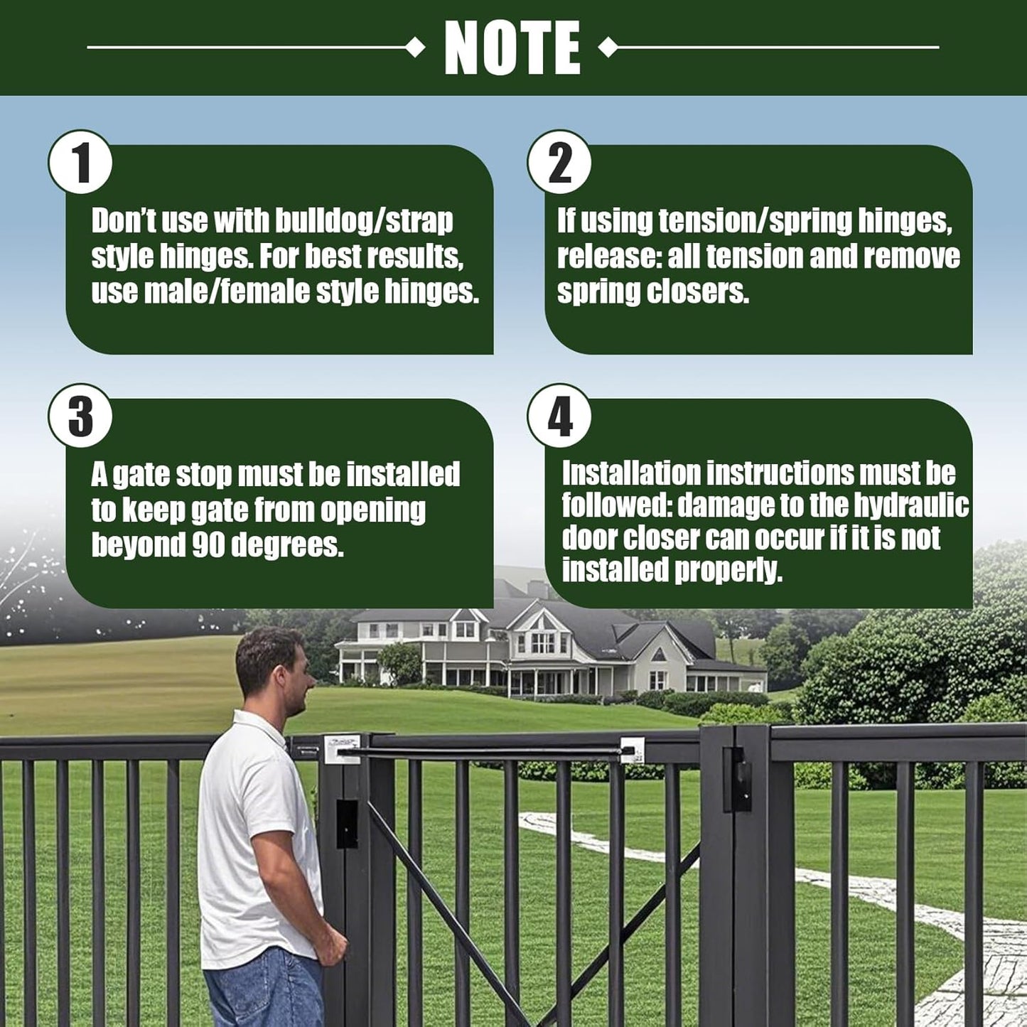 TB200B Hydraulic Heavy Duty Gate Closer for Outdoor Gate 50 to 140 Pounds in Weight, 40 to 64 in Width