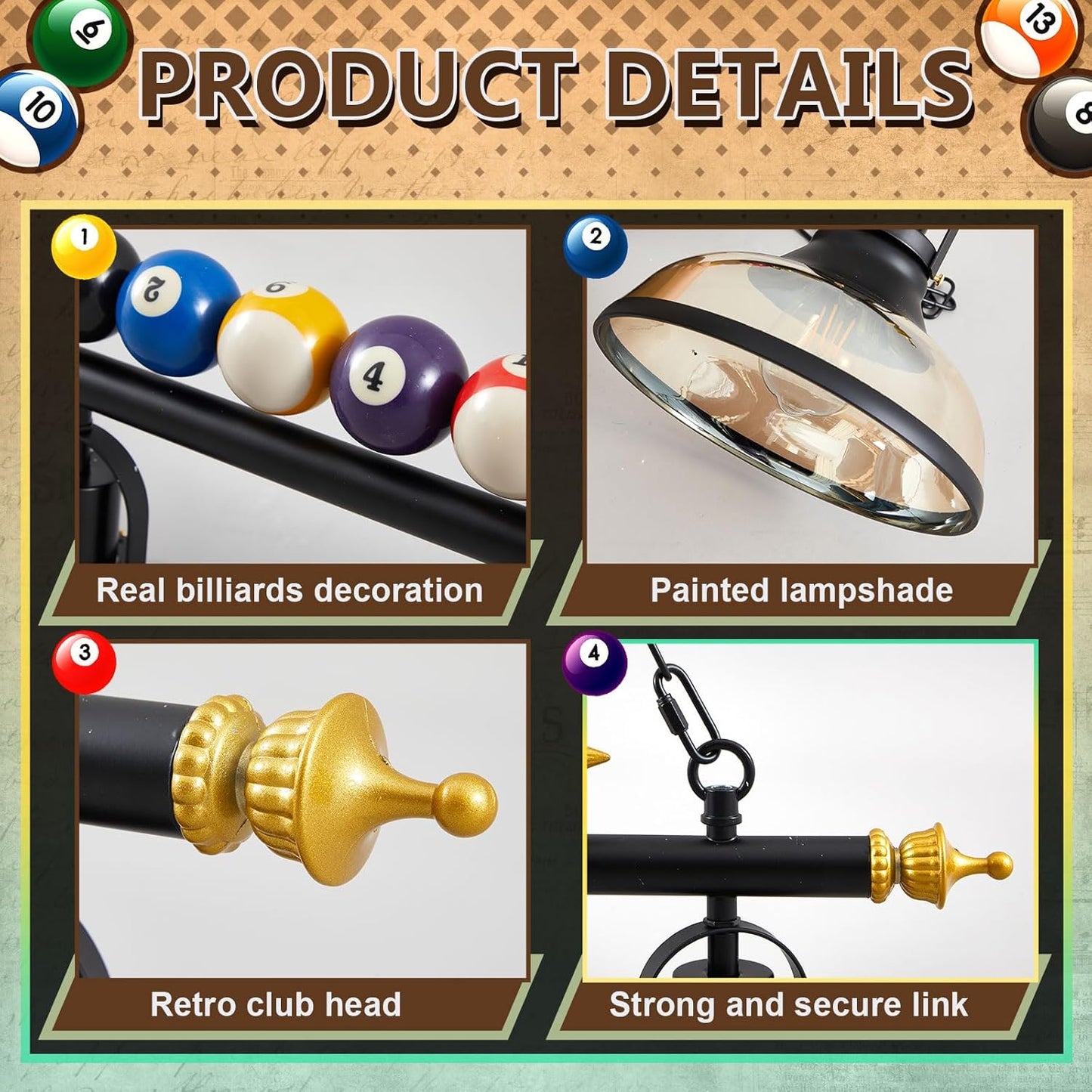Adjustable Pool Table Lights for 7'-8' Billiard Light. Hanging Pool Table Light Fixture with Glass Shades for Game Rooms