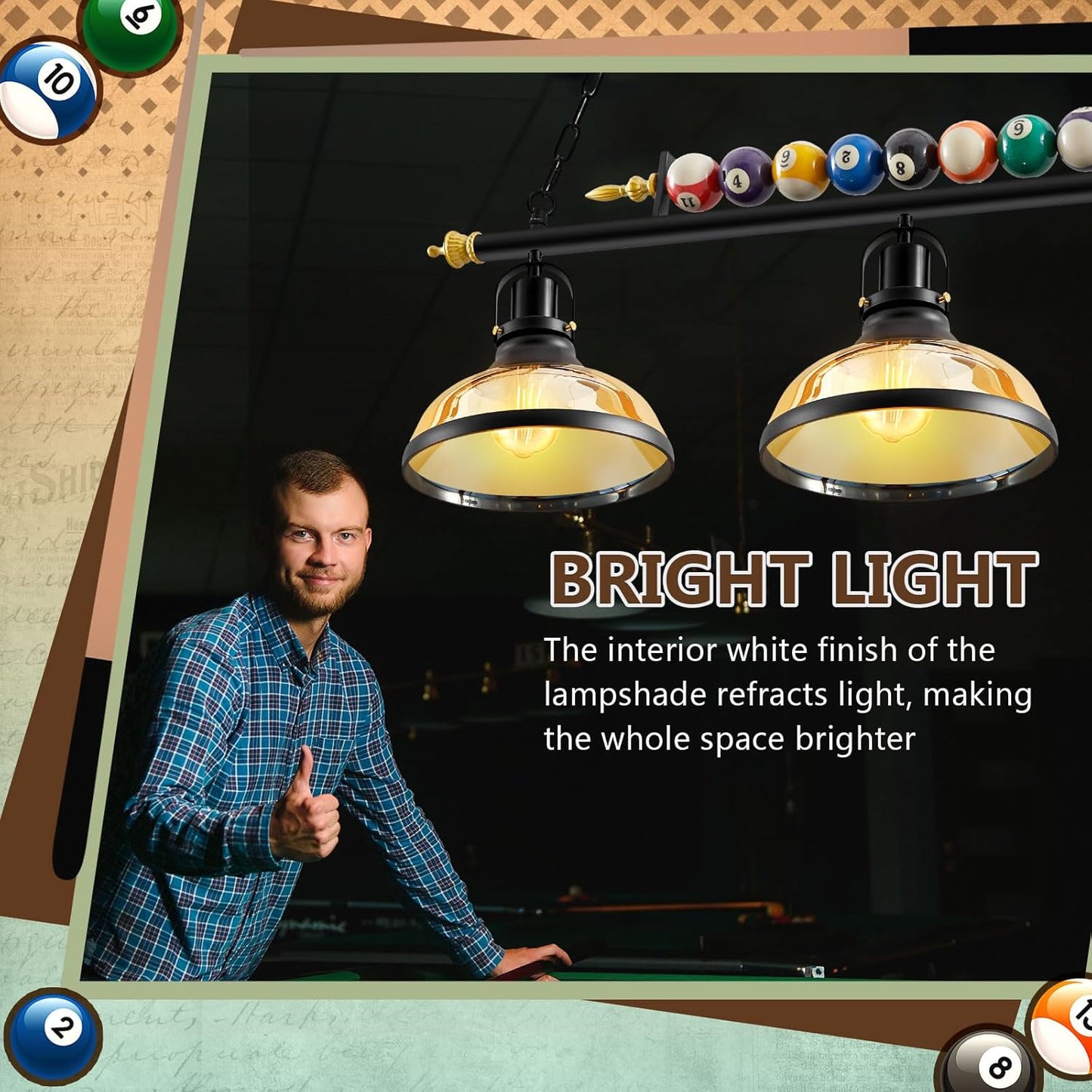 Adjustable Pool Table Lights for 7'-8' Billiard Light. Hanging Pool Table Light Fixture with Glass Shades for Game Rooms