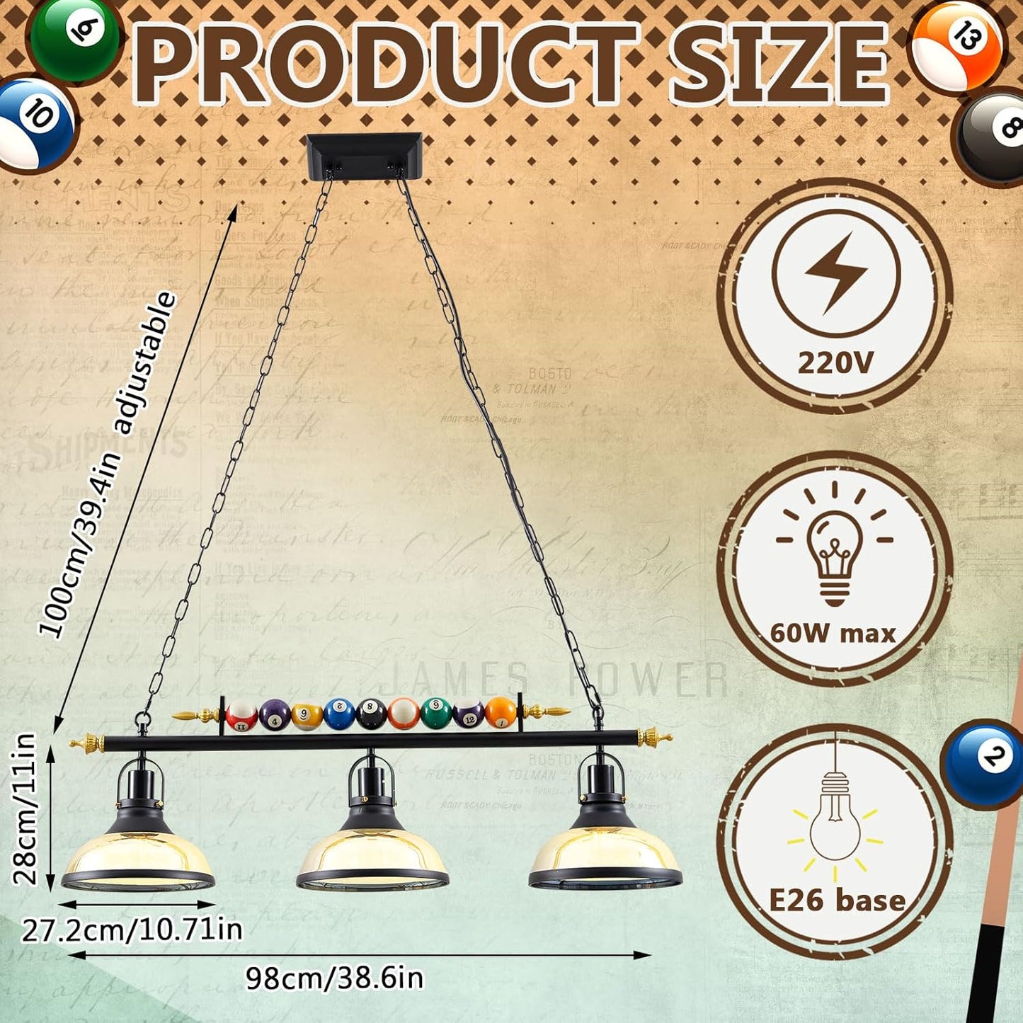 Adjustable Pool Table Lights for 7'-8' Billiard Light. Hanging Pool Table Light Fixture with Glass Shades for Game Rooms