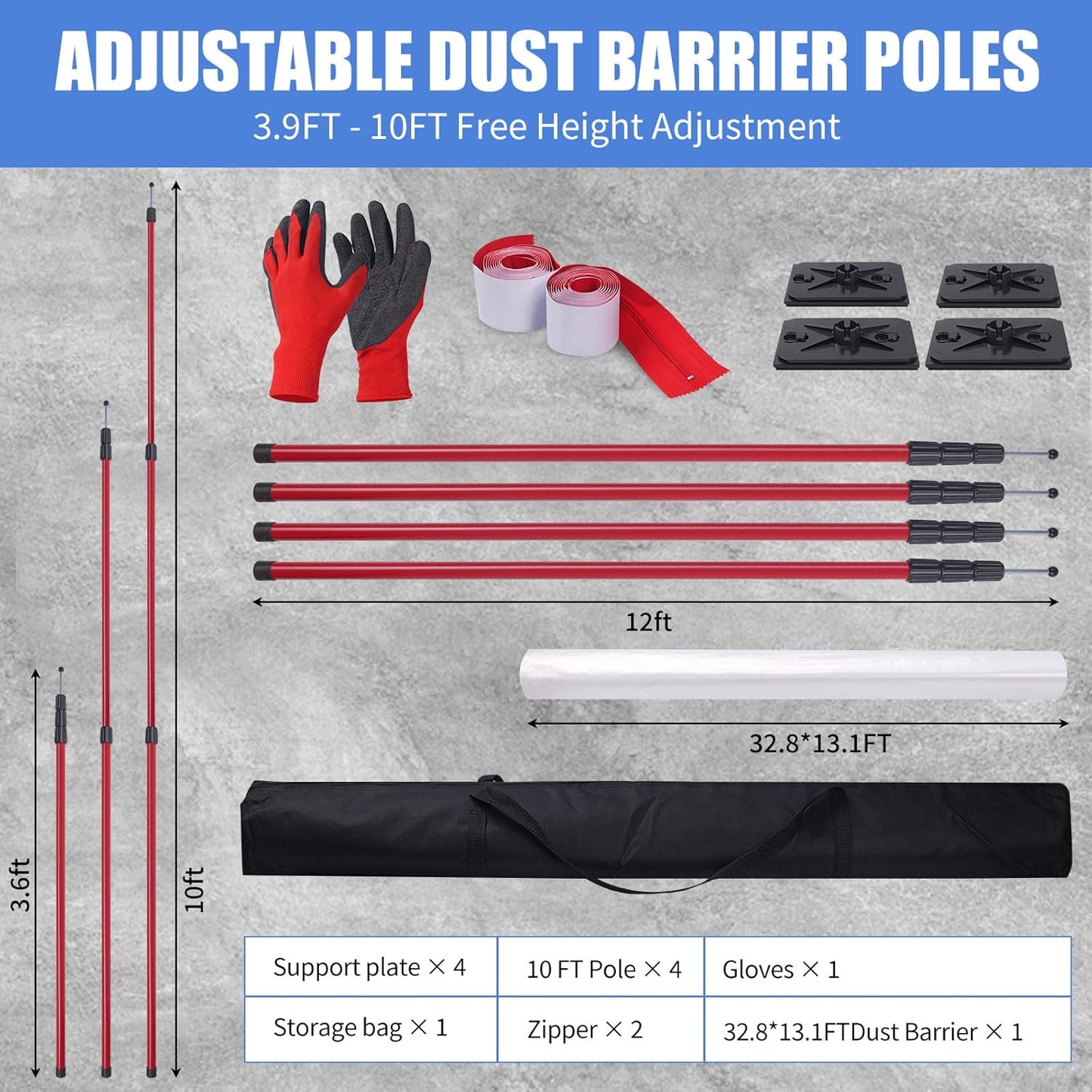 Dust Barrier Zipper Door Kit,10FT, with 32.8x14.7FT Plastic Sheeting, 2 Heavy-Duty Zippers, Dust Barrier