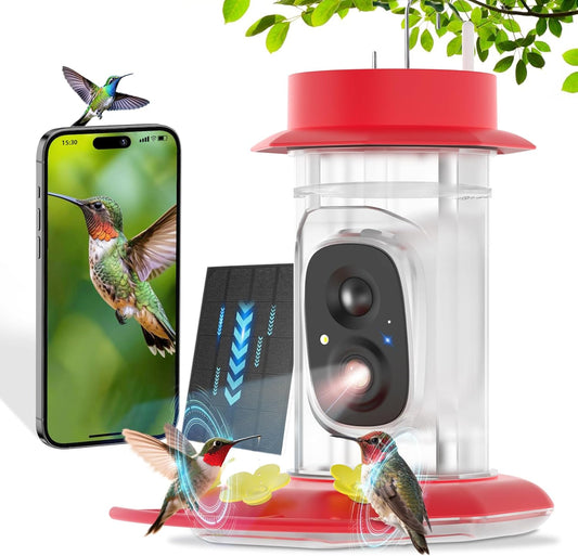 Hummingbird Feeder with Camera, Solar Powered, Anti-ant and Anti-bee Function, AI Bird Identification, Easy to Clean and Refill, Equipped with Bird
