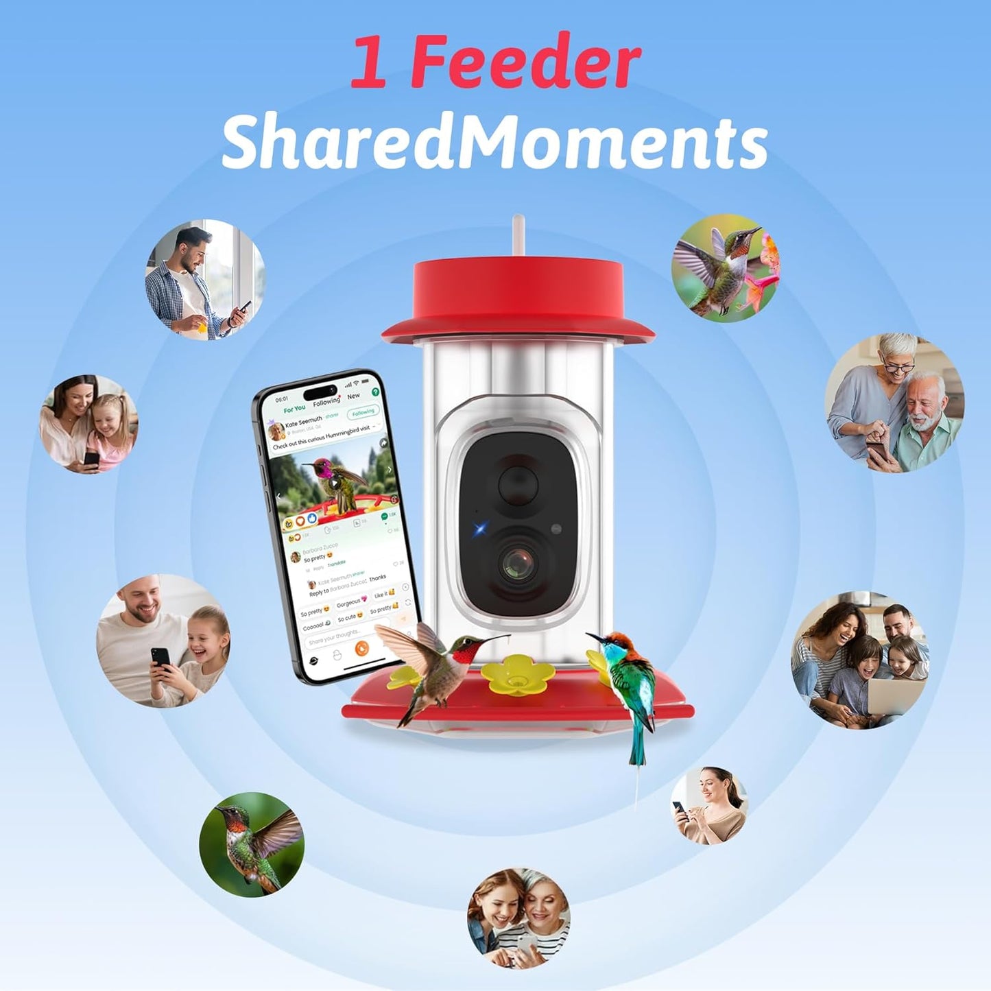 Hummingbird Feeder with Camera, Solar Powered, Anti-ant and Anti-bee Function, AI Bird Identification, Easy to Clean and Refill, Equipped with Bird