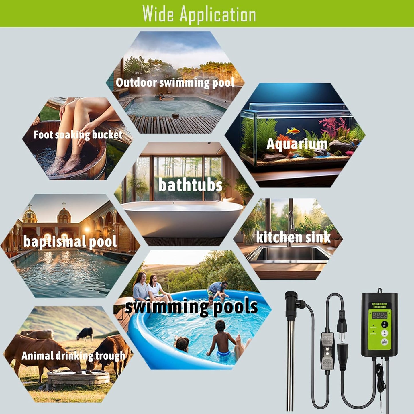 1300W Submersible Hot Tub and Pool Portable Electric Immersion Water Heater with Thermostat and GFCI