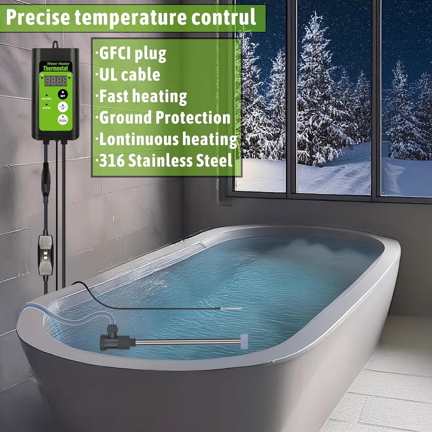 1300W Submersible Hot Tub and Pool Portable Electric Immersion Water Heater with Thermostat and GFCI