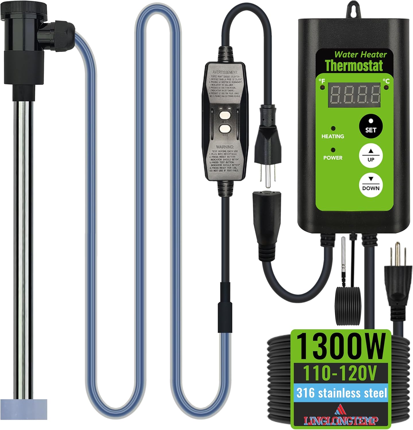 1300W Submersible Hot Tub and Pool Portable Electric Immersion Water Heater with Thermostat and GFCI