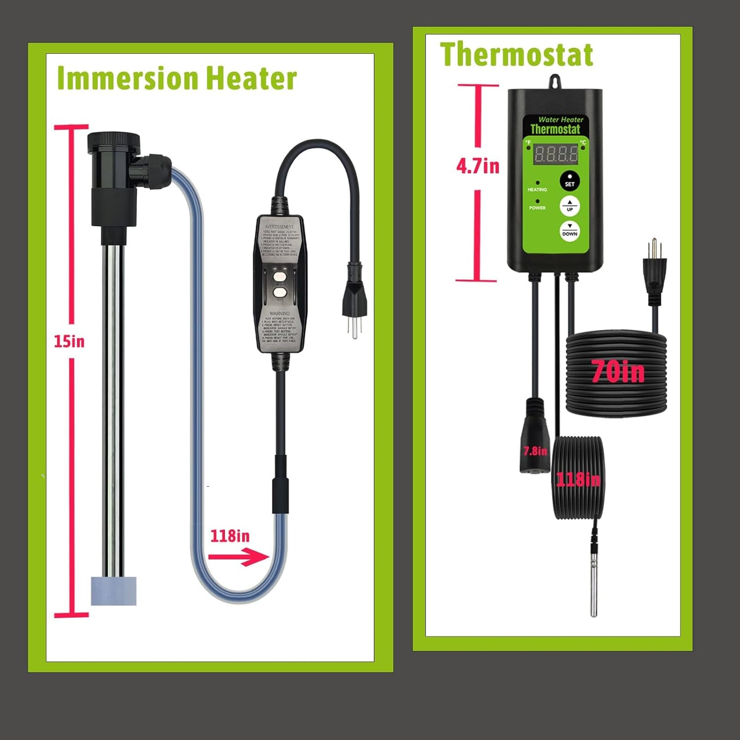 1300W Submersible Hot Tub and Pool Portable Electric Immersion Water Heater with Thermostat and GFCI