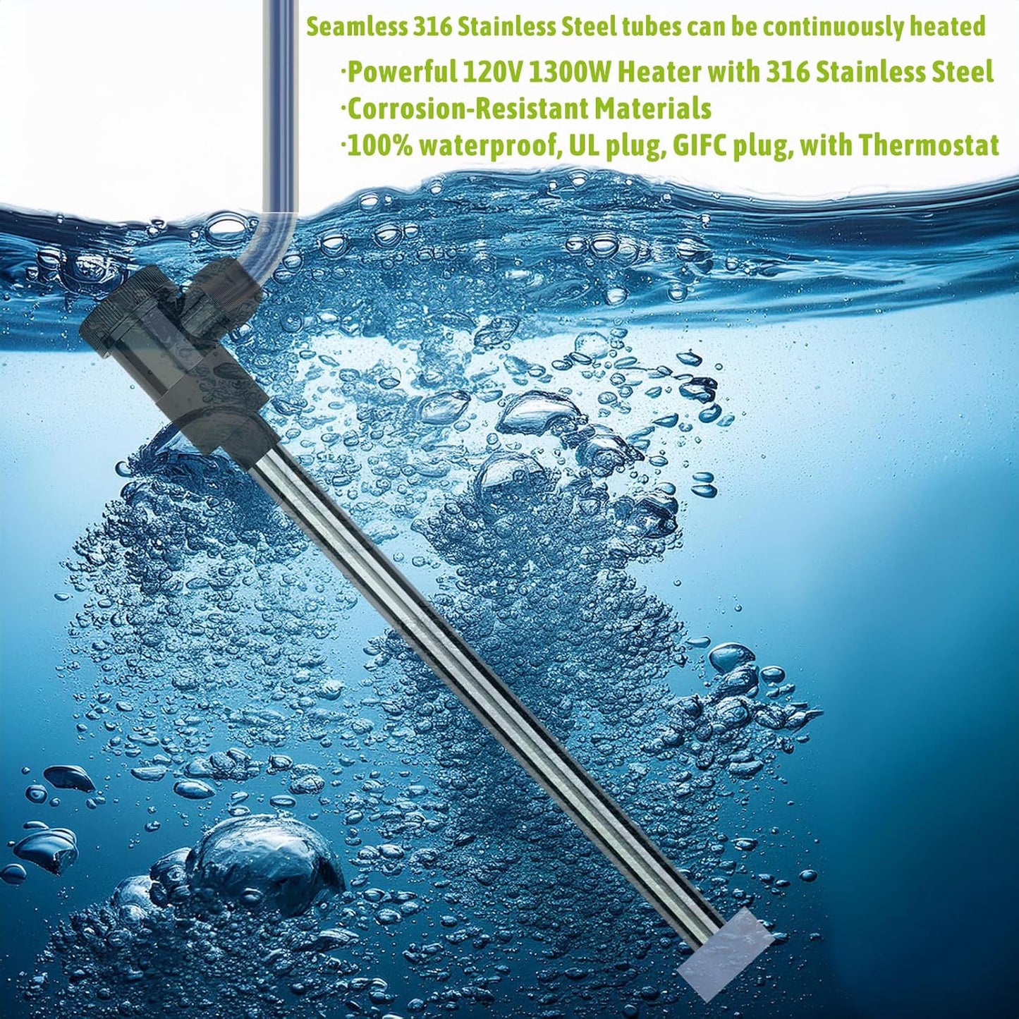 1300W Submersible Hot Tub and Pool Portable Electric Immersion Water Heater with Thermostat and GFCI